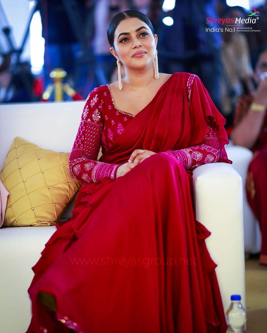 Purnaa looks ravishing in a red chikankari pre-draped saree! Celebrity Sarees