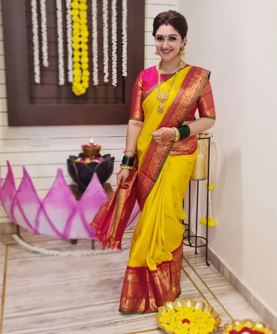 Sridevi Vijaykumar dresses up in a yellow silk saree for Varalakshmi Vratham! Sridevi