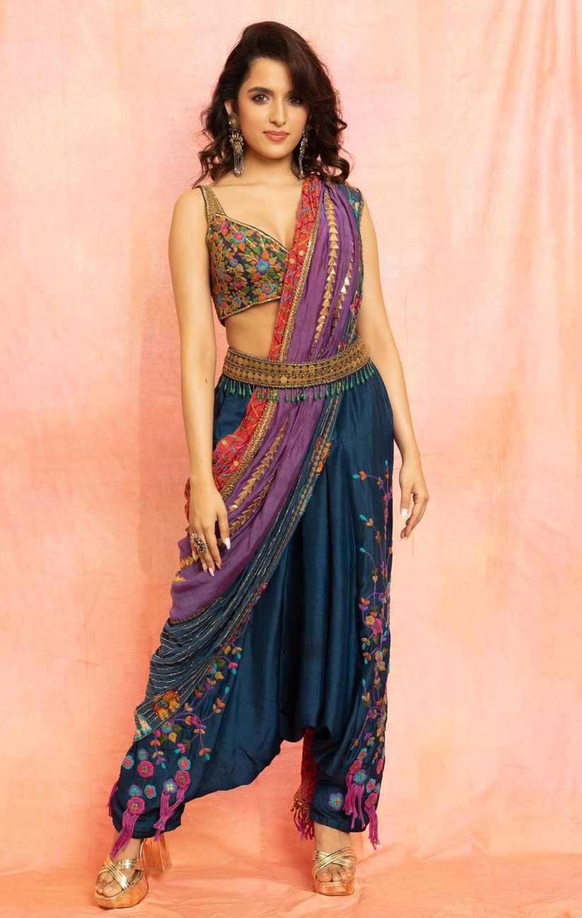 Shirley Setia aces glam ethnic look in a blue embroidered pant saree! Celebrity Sarees