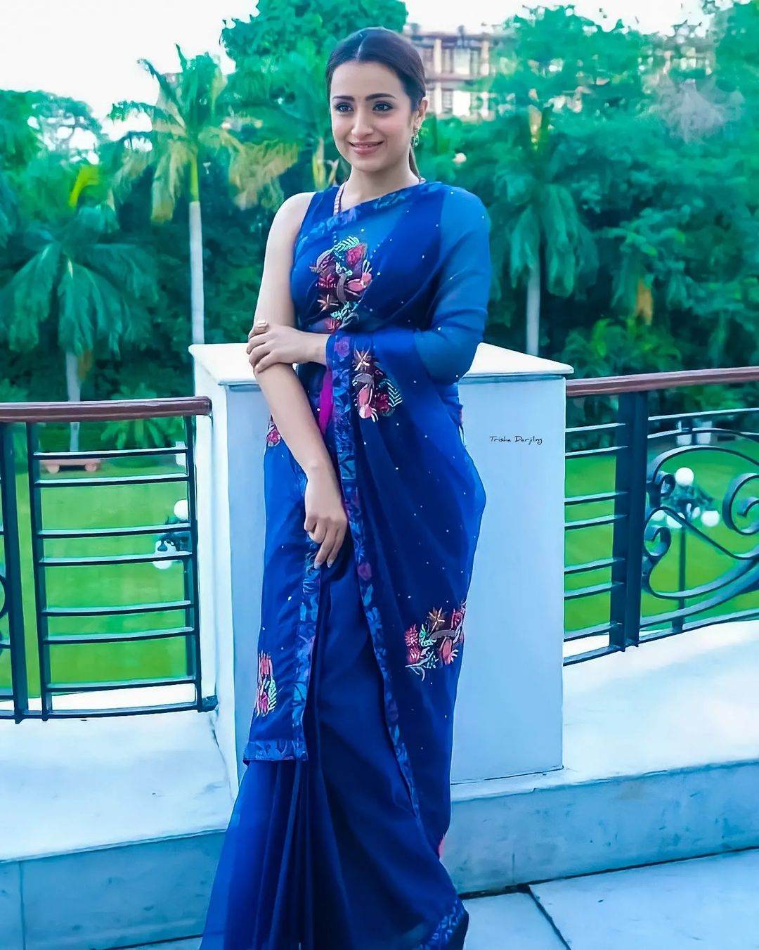 Trisha Krishnan wraps up “Ponniyin Selvan-I” promotions in a blue organza saree! Celebrity Sarees