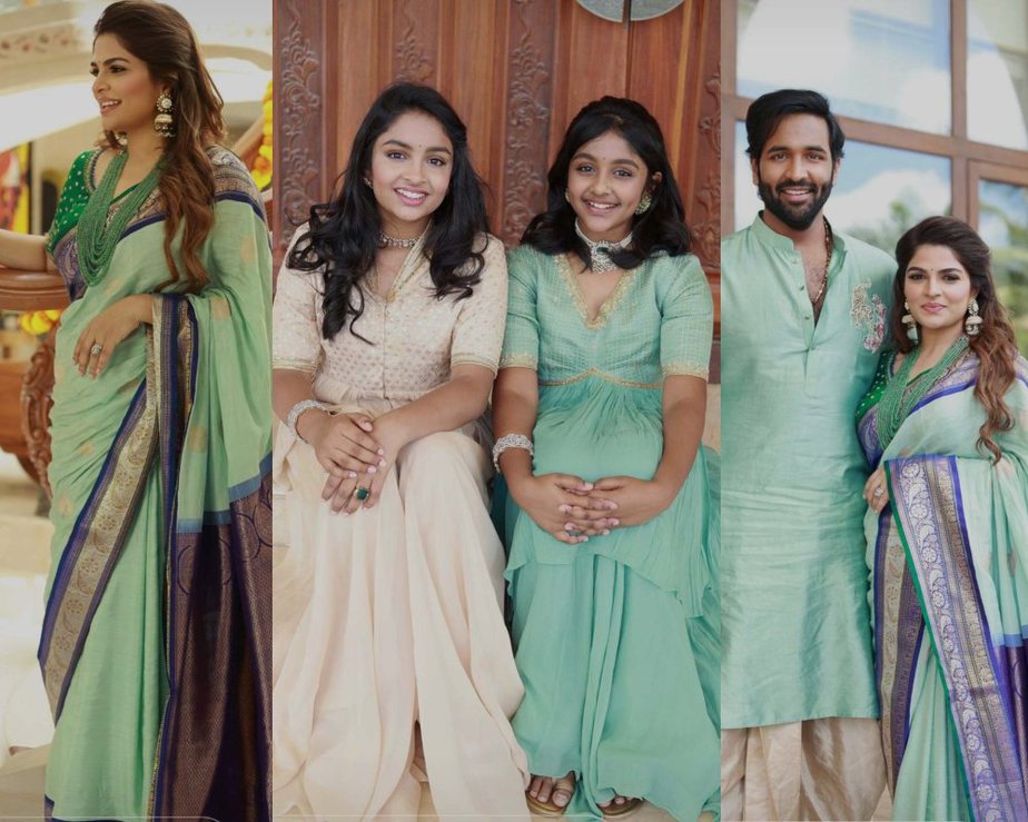 Vishnu Manchu and family celebrate Vinyaka Chavithi in pastel blue attires! Celebrity Sarees
