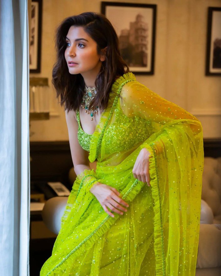 Anushka Sharma is a sight to behold in a lime green tulle saree for Diwali! Sabyasachi