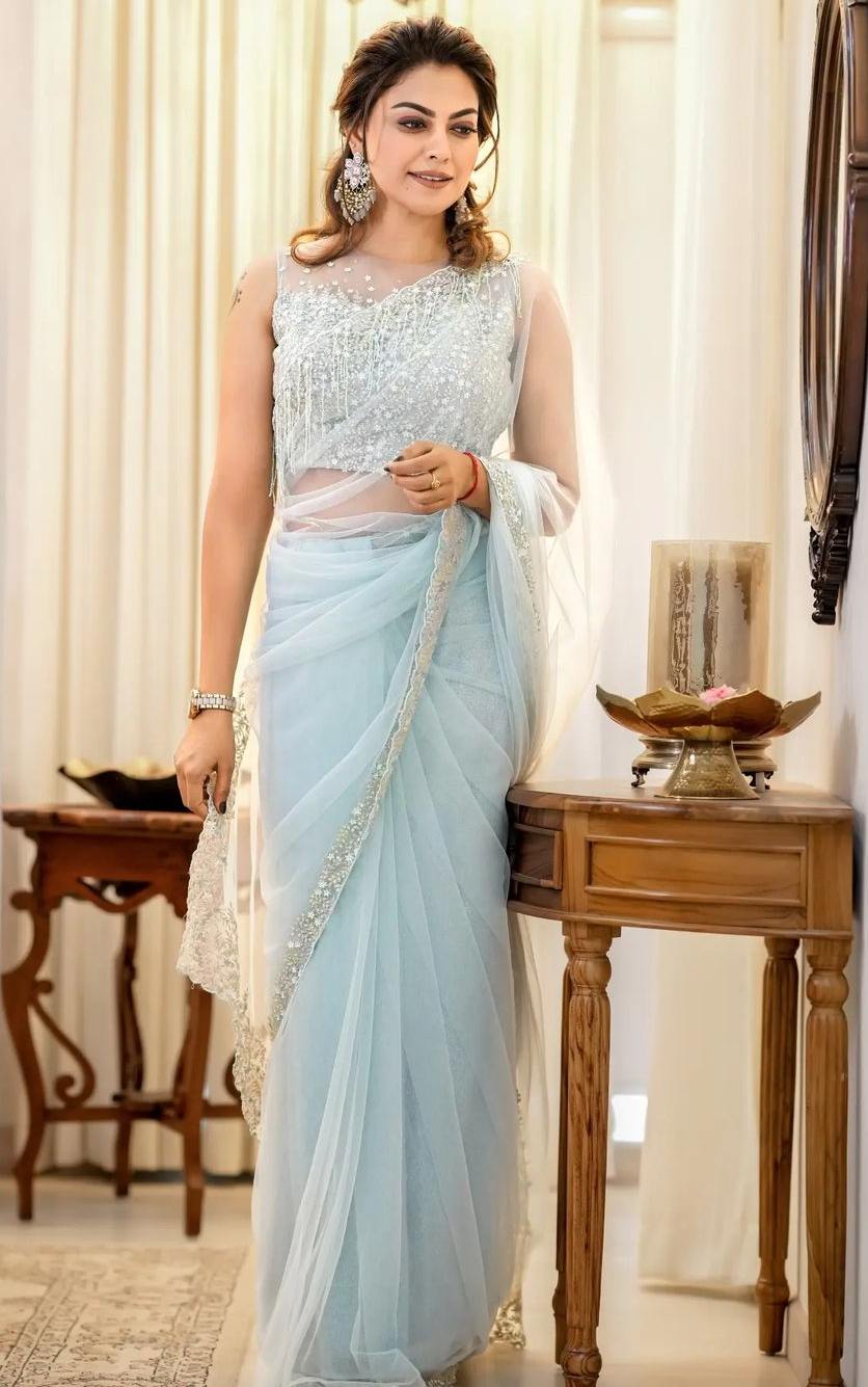 Anusree Nair’s breathtaking look in a powder blue tulle saree! How to style a tulle saree