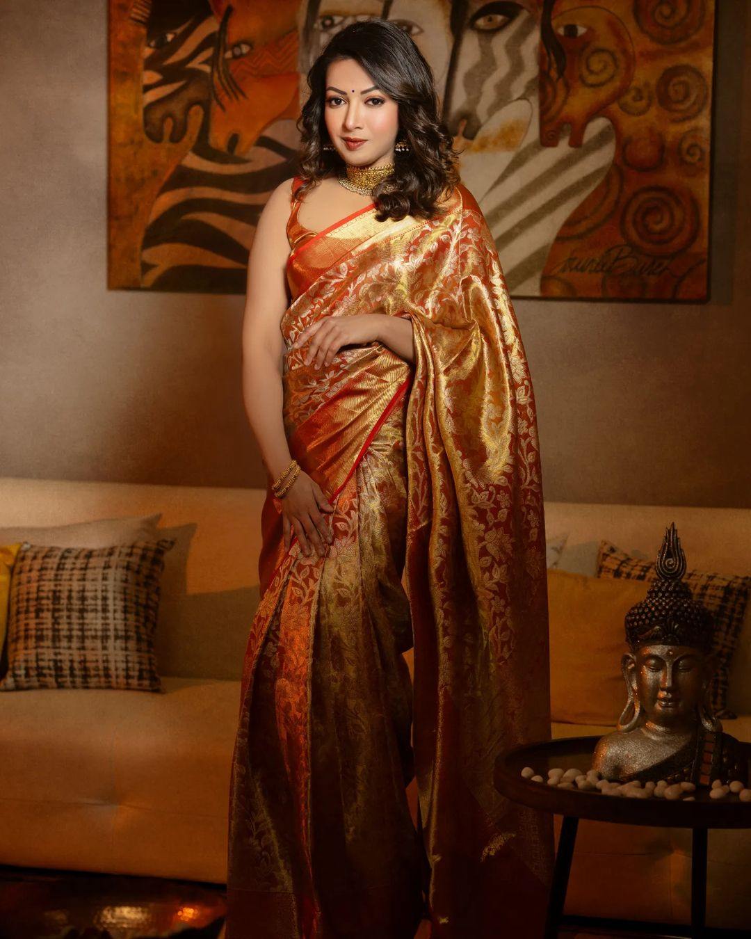 Catherine Tresa aces her festive look in a red silk saree! Celebrity Sarees