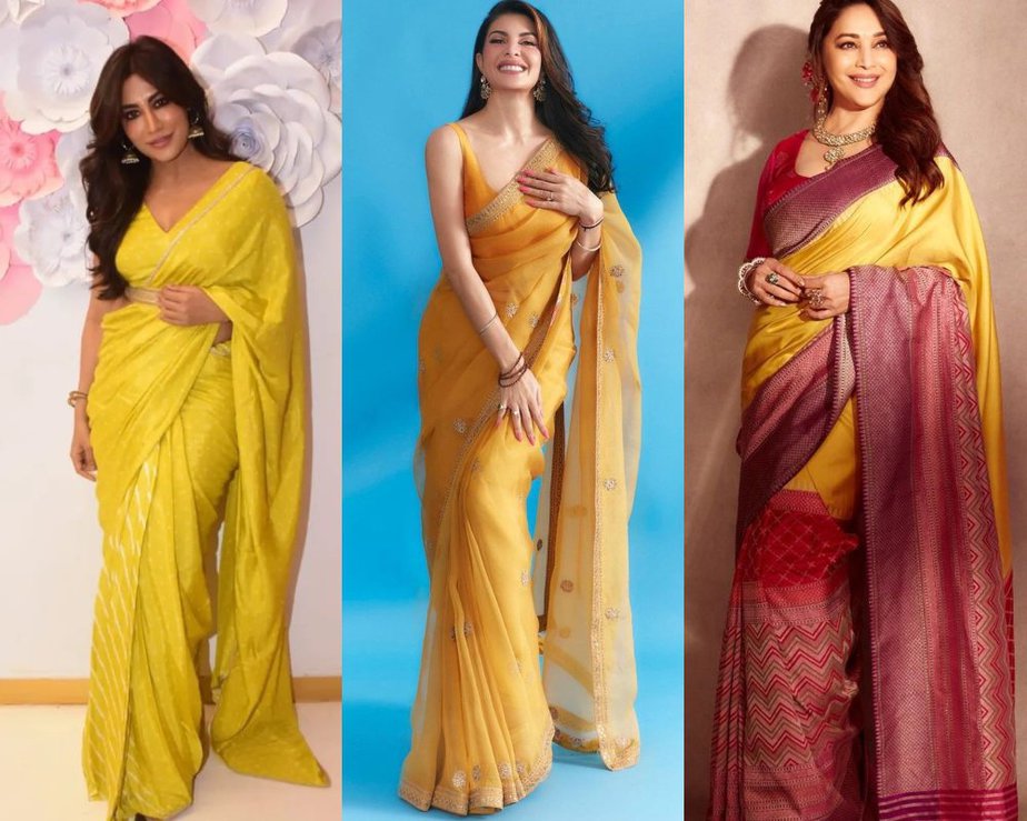 Madhuri, Jacqueline and Chitrangda in beautiful yellow sarees! Madhuri Dixit