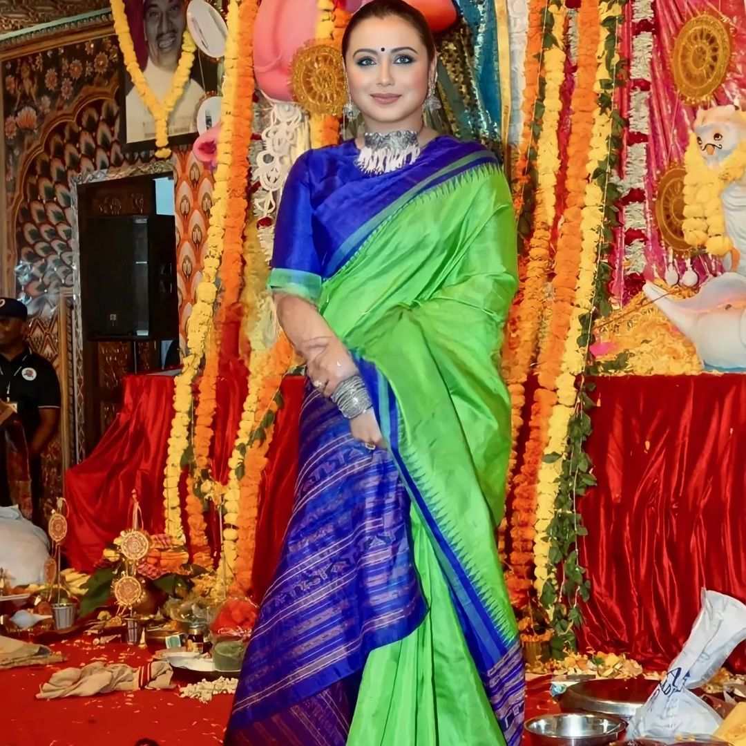 Rani Mukerji in a green silk saree at a Durga Puja Pandal! rani mukerji in a saree