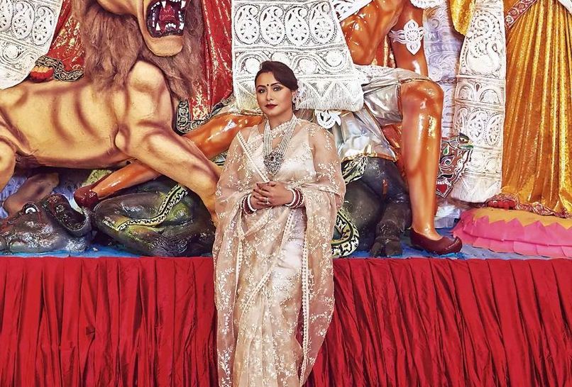 Rani Mukerji is a sight to behold in an ivory tulle saree for Durgashtami! Sabyasachi