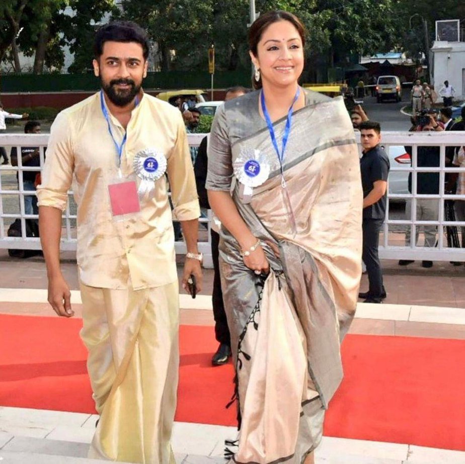 Suriya and Jothika attend National Awards in matching ethnic outfits! Celebrity Sarees