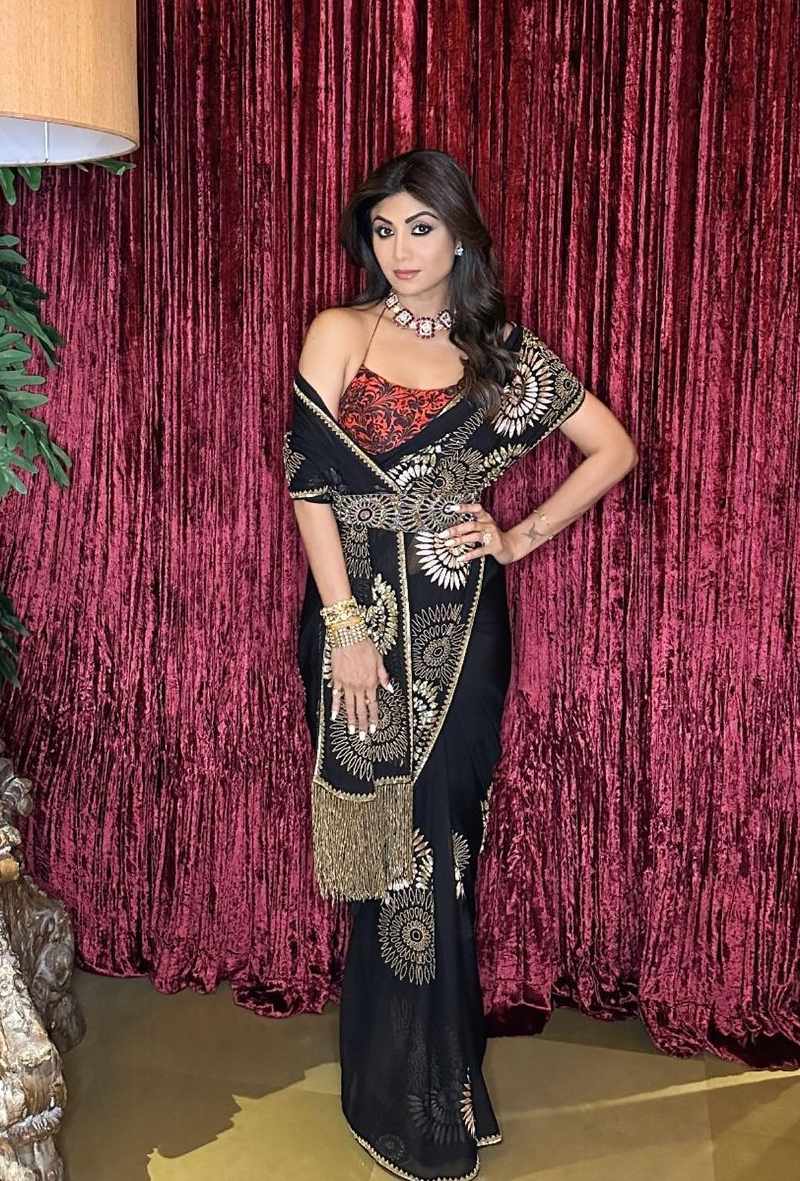 Shilpa Shetty looks classy in a black embroidered saree! Celebrity Sarees