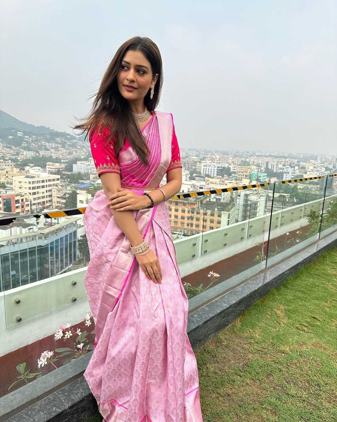 Payal Rajput looks ethereal in a pink silk saree for a shop opening! Payal Rajput