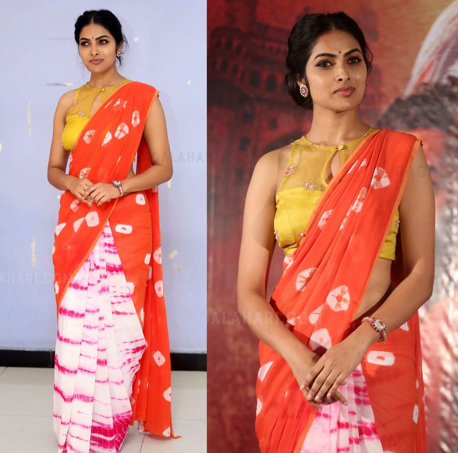 Divi Vadthya in a half and half saree at ATM Movie Trailer Launch Sarees