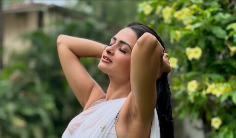 Urvashi Chauhan Looks Stunning in Wet White Saree and Sleeveless Blouse Celebrity Sarees