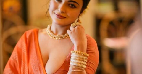 Mumtahina Jahan Hot Stills in Orange Saree and Deep Neck Blouse Celebrity Sarees