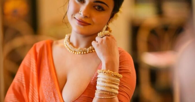 Mumtahina Jahan Hot Stills in Orange Saree and Deep Neck Blouse Celebrity Sarees