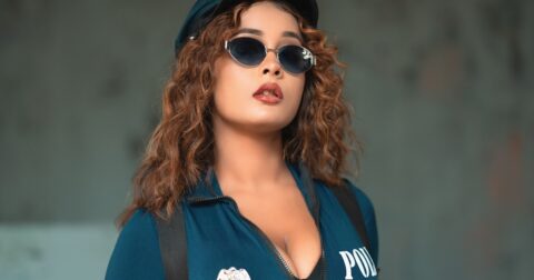 Sara Queen Hot Pics in Navy Blue Police Officer Jumpsuit Celebrity Sarees