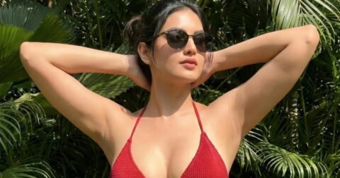 Trrisha Sinsta Indian Model Hot Pics in Red Triangle Bikini Top Celebrity Sarees