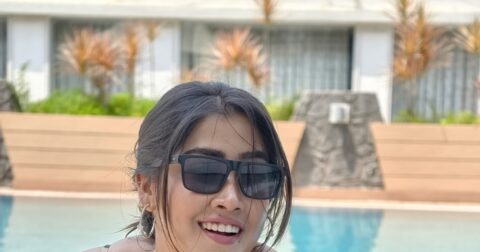 Sofia Ansari hot pics in triangle bikini top at pool Celebrity Sarees