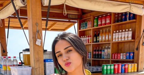 Akansha Luthra Hot in Yellow Bikini and Crochet Shorts Celebrity Sarees