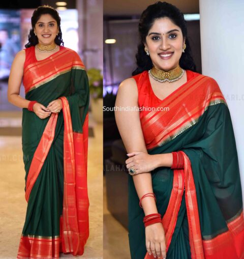 Dhanya Balakrishna Radiates Elegance in a Green Silk Saree at a Recent Event! India Wedding Saree