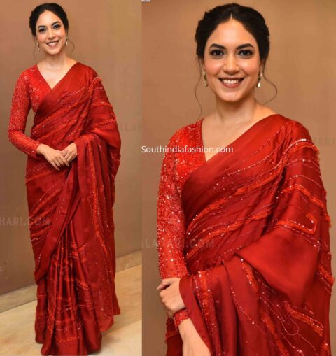 Ritu Varma Radiates Elegance in a Red Satin Saree at Majaka Trailer Launch India Wedding Saree